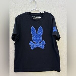 Psycho Bunny Black Tee with Vibrant Blue Graphic, Youth Medium